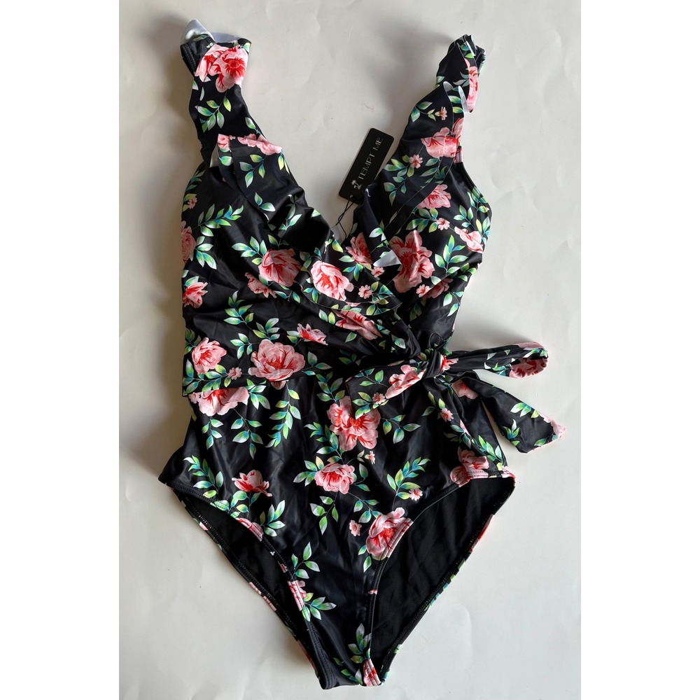 Tempt Me Womens Floral‎ One Piece Swimsuit Black Pink Ruffle V-Neck Wrap MED NEW
